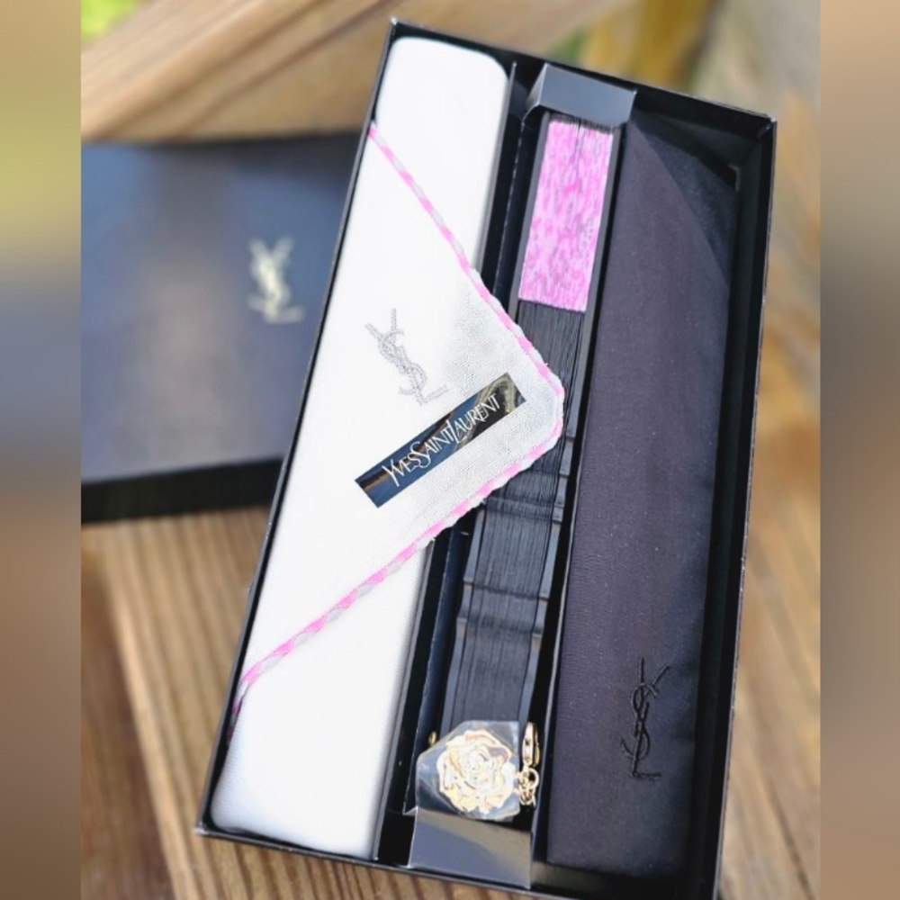YSL BOXED FAN & MONOGRAMMED HANKERCHIEF